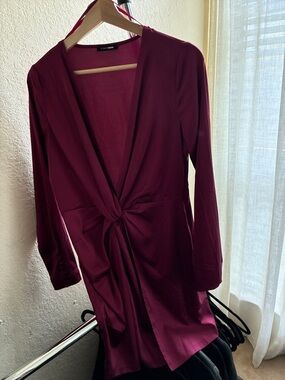 Fashion Nova Burgundy Long-Sleeve Twist Front Mini Dress